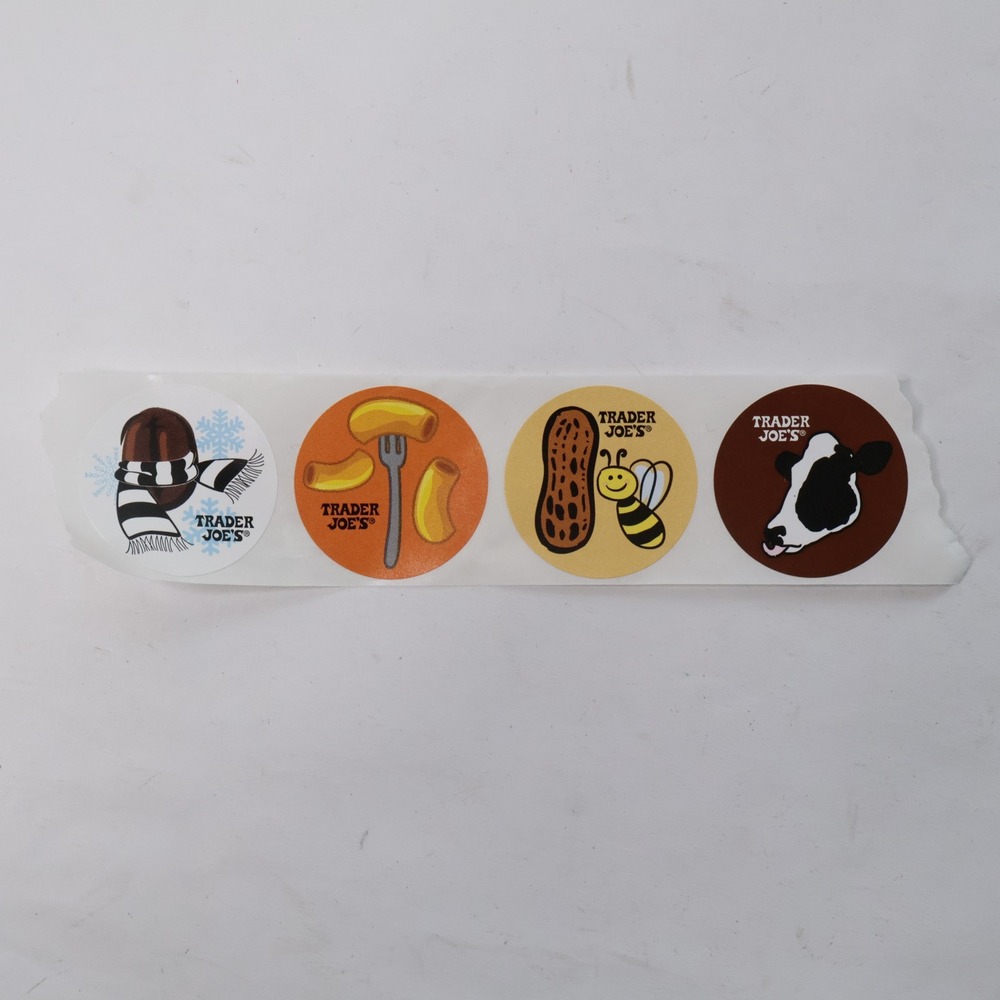 Trader Joes Food Stickers Strip of 4 Mac n Cheese Coffee Bee Cow Peanut 1.5 Inch